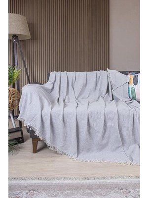 Pamuklu Zikzak Desenli Püsküllü Koltuk Örtüsü, 170X210 Cm, Geometrik Desen, Minimalist Stil, Y