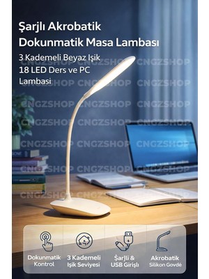 Şarjlı Akrobatik Dokunmatik Masa Lambası, 3 Kademeli Beyaz Işık, 18 Led, USB Girişli