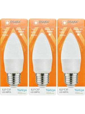 7W (50W) 6500K Beyaz Işık E27 Duylu Mum LED Ampul, 3 Adet
