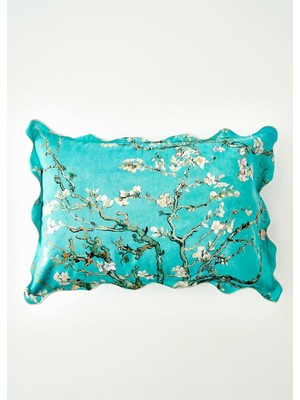 Van Gogh Almond Blossom Pamuklu Scallop Dekoratif Yastık Kılıfı, Turkuaz, 43X43 cm