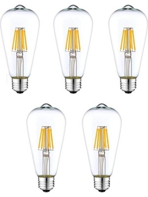 ST64 LED Rustik Dekoratif Ampul, 6500K Beyaz Işık, E27 Duy, 5'li Paket