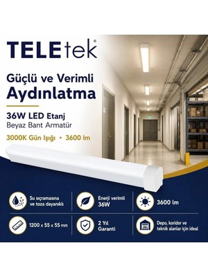 Tr 36W 3000K Gün Işığı 3600LM LED Etanj Beyaz Bant Armatür 120 cm - 15 Adet