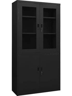 Tr Siyah Ofis Depolama Dolabı, 90 x 40 x 180 Cm, Çelik Çerçeve, Temperli Cam Kapılar, 3 Ayarlan