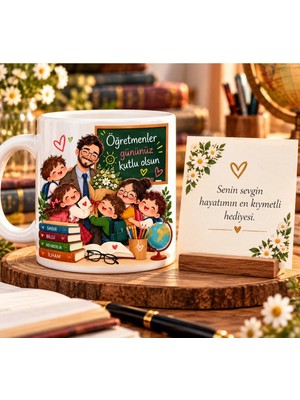 Minik Esnaf Öğretmenler Günü Hediyesi Erkek Öğretmen ve Öğrenciler Tasarımlı Kupa Bardak ve Mesaj Kartı Seti 24 Kasım