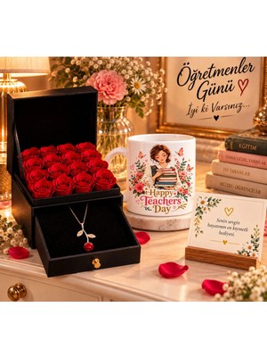 Minik Esnaf Öğretmenler Günü Hediye Seti Kırmızı Güllü Takı Kutusu Gül Kolye ve Öğretmen Temalı Kupa Bardak