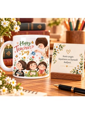 Minik Esnaf Öğretmenler Günü Hediyesi Happy Teachers Day Tasarımlı Kupa Bardak ve Mesaj Kartı Seti 24 Kasım