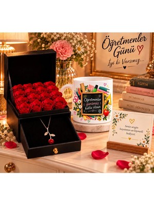 Minik Esnaf Öğretmenler Günü Hediye Seti Kırmızı Güllü Takı Kutusu Gül Kolye ve Öğretmenler Gününüz Kutlu Olsun Kupa Bardak