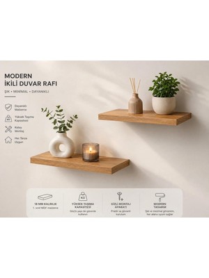 2'li Dekoratif Duvar Rafı Seti 50X20 cm – 18 mm Kalınlık – Modern Uçan Raf – Kitaplık