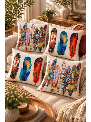 4'lü Set Bohem Etnik Tüy Motifli Dekoratif Kırlent Kılıfı 43X43 cm - Renkli Dijital Baskılı