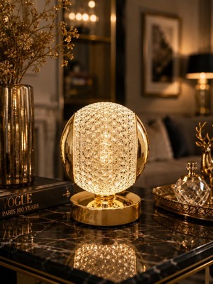 Kristal Desenli Gold Küresel Masa Lambası, 16X12 cm