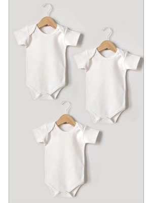 %100 Pamuklu Interlok Beyaz Kısa Kol Basic 3'lü Bebek Body Zıbın Set