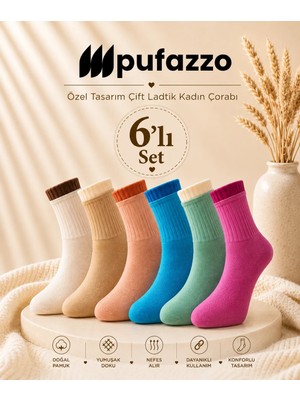 Pufazzo Kadın Spor Çorap 6'lı Set – Çift Lastik, Doğal Pamuk, Havlu Taban, Dikişsiz Tayt Çorabı