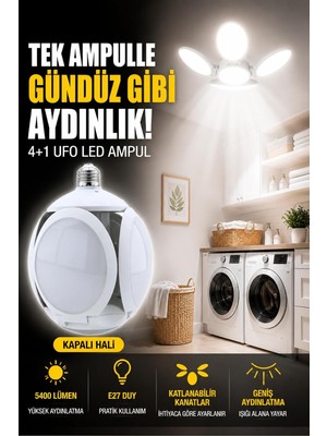 60W Ufo 4+1 Kanatlı LED Ampul, E27 Duy, 6500K Beyaz Işık, 5400 Lümen