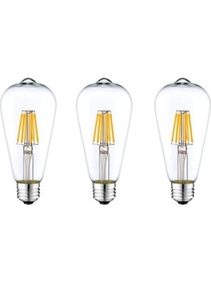 ST64 LED Rustik Dekoratif Ampul, 6500K Beyaz Işık, E27 Duy, 3'lü Paket, Vintage Aydınlatma