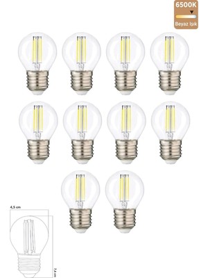 G45 Şeffaf Cam E27 LED Ampul, 6500K Beyaz Işık, 10 Adet Set