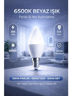 8W LED Ampul, E14 Duy, 6500K Beyaz Işık, Mum Tipi