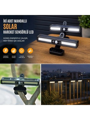 Go İthalat 2 Adet 36 LED Mandallı Solar Lamba, Güneş Enerjili, Hareket Sensörlü, 3 Modlu, Kıskaçlı Kablosuz Dış Mekân Duvar Apliği (5263)