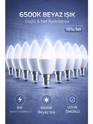 8W LED Ampul E14 Duy 6500K Beyaz Işık Mum Tipi, 10'lu Set