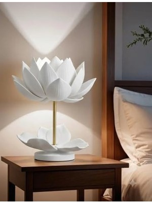 Lotus Çiçeği Tasarımlı Masa Lambası, Beyaz