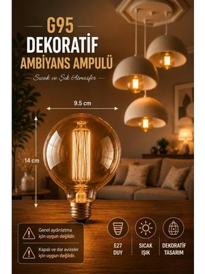 G95 Dekoratif Ampul, E27 Duy, LED Filament, Sıcak Beyaz (2200K), 300 Lümen, Dimmerlenebilir
