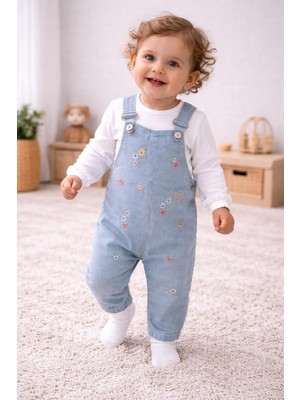 Tr Myzi Store Kız Bebek 2'li Salopet TAKIM%100 Pamuk Uzun Kollu Çiçek Nakışlı Günlük Kıya