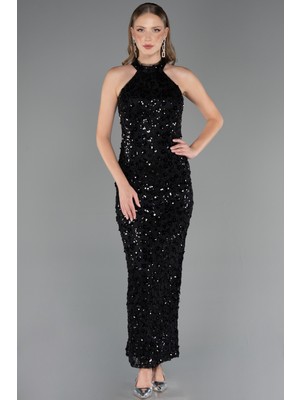 Abiyefon Halter Yaka Uzun Pullu Dantel Abiye Elbise ABU6578