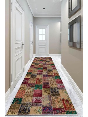 Tr Kaymaz Taban Yolluk Renkli Patchwork AR326, Bej, 80 x 300