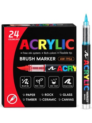 Tr Akrilik Marker Kalem Seti 24'li, Esnek Fırça Uçlu Boya Kalemi
