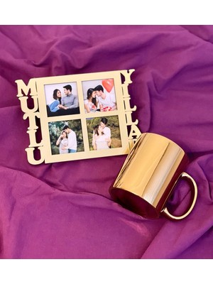 Mutlu Yıllar 4 Fotoğraf Standlı Mdf Gold Çerçeve ve Gold Kupa Set