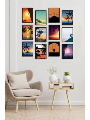 Çerçevesiz Çerçeve Görünümlü Tatil Yaz Güneş 12 Parça Mdf Tablo Seti Çoklu Baskı Seti M