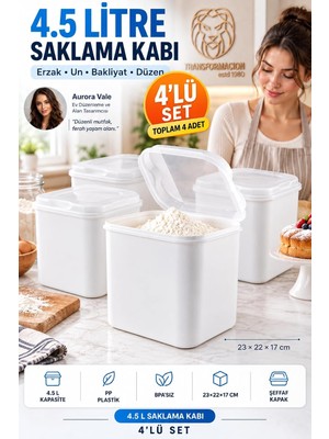 4 Lü 4.5 Lt Geniş Hava Sızdırmaz Şeffaf Kapaklı Beyaz Mutfak Kiler Erzak Un Bakliyat Deterjan