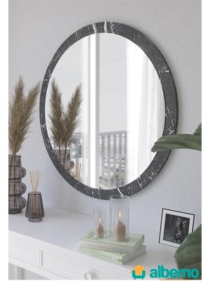 Tr Siyah Mermer Ahşap Dekoratif Yuvarlak Antre Koridor Duvar Banyo Wc Ofis Aynası 42 cm Siyah