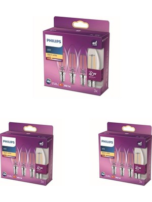 Tr LED Classic 40W B35 LED Mum Filament Ampul, 2700K Sarı Işık, E14 Ince Duy, Dim Edilmez, 3'lü