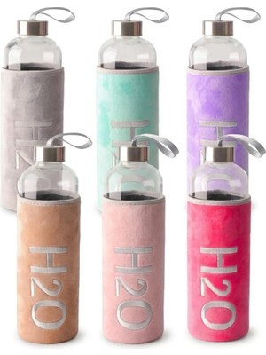 Peluş Kılıflı 1 L (1000 Ml) Borosilikat Cam Matara, H2O Nakışlı Yumuşak Kılıf, Metal Kapak