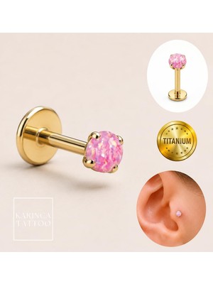 Str Store Pembe Taşlı Titanyum Piercing Gold Altın Rengi Tragus Labret Helix Conch Flat Burun Kulak Küpe