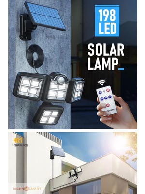 Technosmart Solar Güneş Enerjili 198 Ledli Kumandalı Hareket Sensörlü Bahçe Aydınlatma Sokak