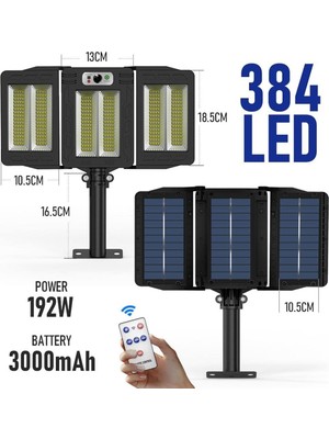 Technosmart 384LEDLI Solar Bahçe Aydınlatması Projektör Sokak Lambası Hareket Sensörlü Güne�