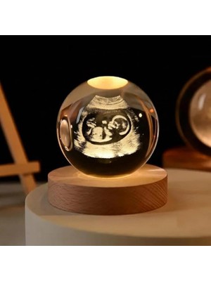 Ultrason Bebek Kristal Cam Küre LED Işıklı USB Kablolu Ahşap Stantlı Gece Lambası Dekoratif H
