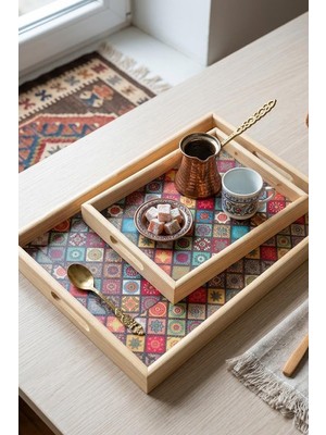 3'lü Ahşap Tepsi, Etnik Desen Dekoratif Tepsi