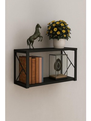Dekoratif Siyah Ahşap Raf - 2 Katlı C Raf, Ahşap Duvar Rafı - 20X60 cm