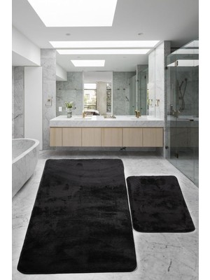Tr Relax Siyah 80X150 + 50X80 cm 2'li Banyo Halısı Paspası Seti, Kaymaz Tabanlı