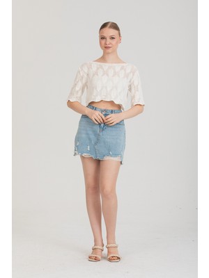 Maxi Modena Zarif Ajurlu Dokulu Beyaz Crop Triko Bluz – Standart Beden - Beyaz
