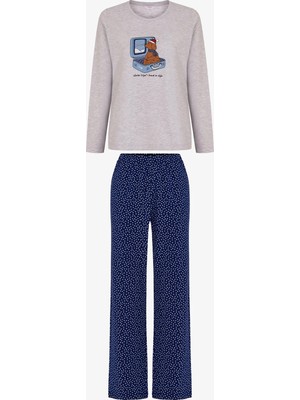 Penti Gri Melanj Winter Trip Noel Desenli Uzun Kollu Pantolon Pijama Takımı