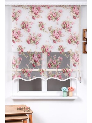 Beyazıt Tekstil Çiçek Desenli Çift Mekanizmalı Tül Stor Perde Pudra-Ekru 220 x 200 BYZT18