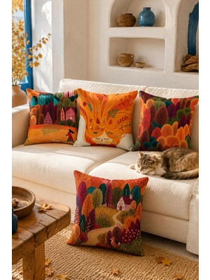 S 4'lü Sonbahar Ormanı Desenli Dekoratif Kırlent Kılıfı Seti 43X43 cm