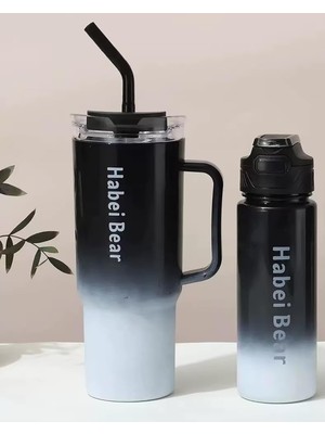 2'li Matara Seti 1500 ml + 900 Ml, Pipetli Kapaklı Su Şişesi, Siyah