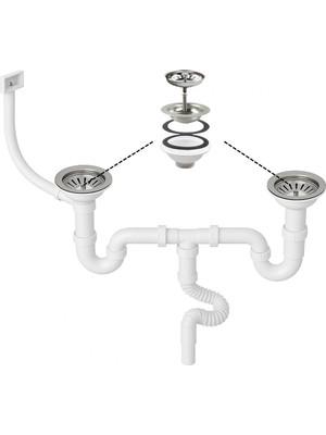 Çöpmak Çiftli Evye Sifonu, Yandan Taşmalı, 11 cm Çap, Derin Tip, Koku Önleyici, Lavabo Gider