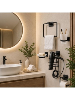 Yapışkanlı Banyo Aksesuar Seti,fön Makinesi Tutacağı,tuvalet Kağıdı Askısı,sabunluk,diş