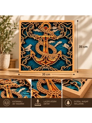 Tr 35X35 cm 3D Katmanlı Çapa Ahşap Duvar Tablosu | Denizci Marin Temalı Lazer Kesim Dekoratif Du