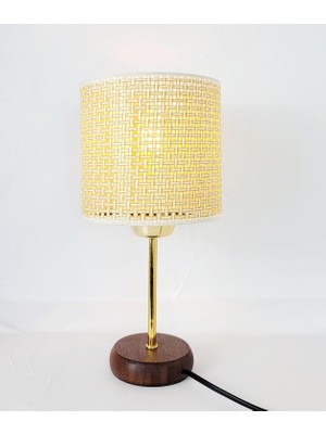 Bambu Taban Modern Gold Metal Ayaklı Hazeran ve Hasır Kumaş Silindir Şapka Mini Abajur Masa Lamb